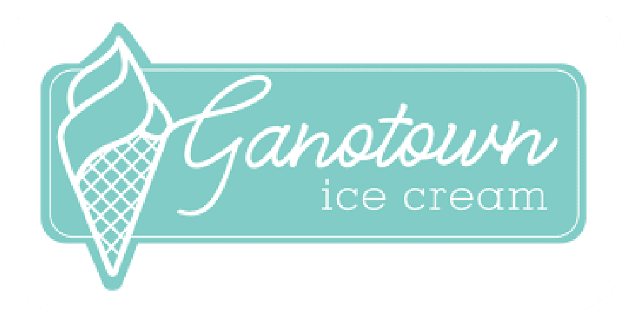 A turquoise and white logo design for Ganoiown ice cream featuring an illustrated ice cream cone with elegant script typography.