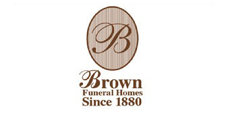 A vintage-style logo for Brown Funeral Home, established in 1880, featuring an ornate oval frame with decorative lettering in warm brown tones.