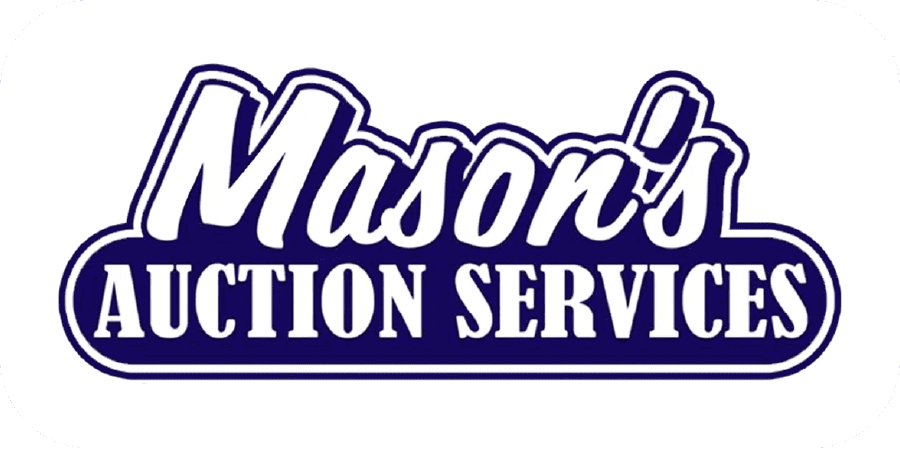 Mason's Auction Services logo featuring bold purple and white lettering with a professional badge-style design.