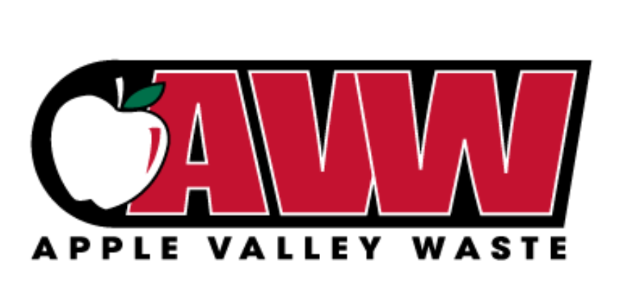 The Apple Valley Waste company logo featuring a stylized black apple icon with bold red lettering on a white background.